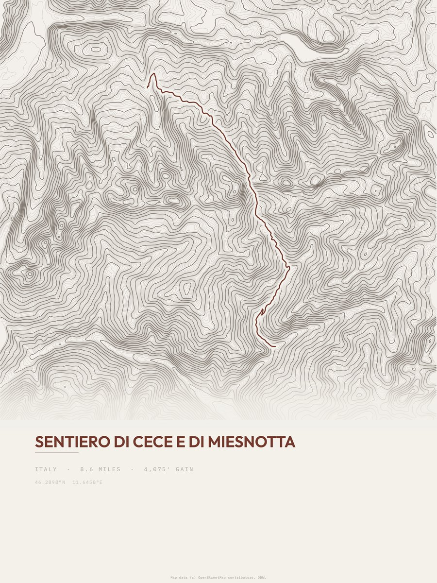 Sentiero di Cece e di Miesnotta topographic trail print
