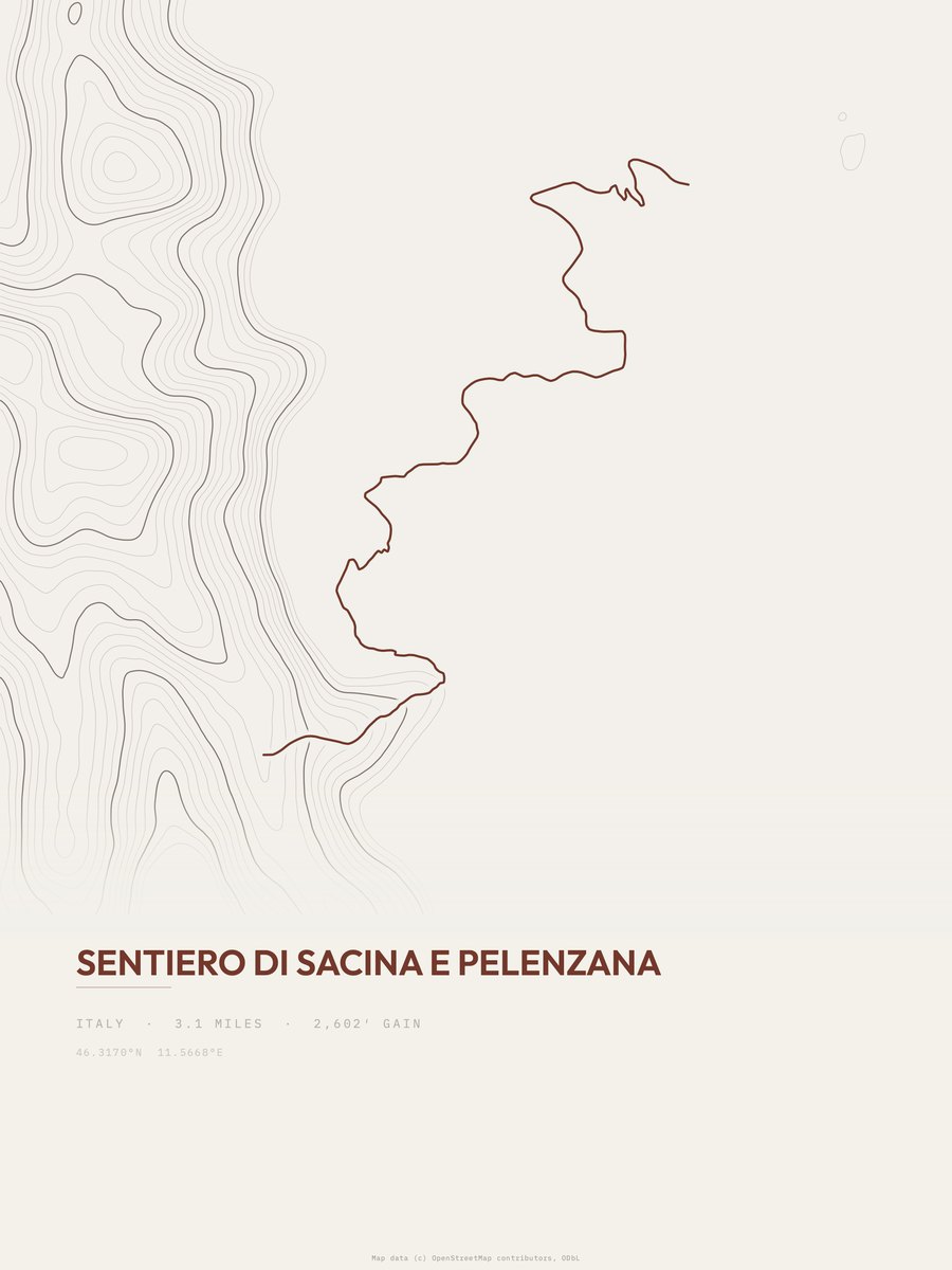 Sentiero di Sacina e Pelenzana topographic trail print