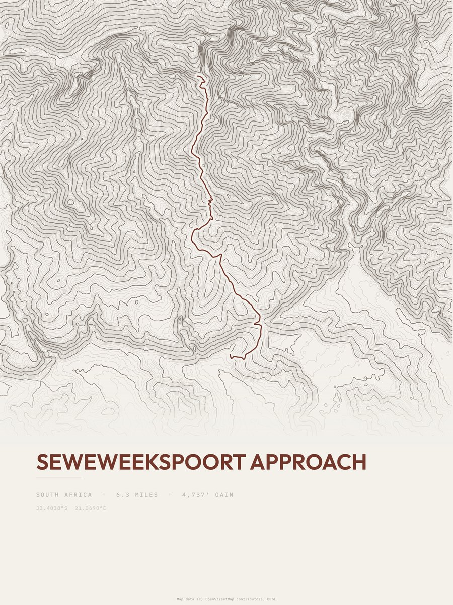 Seweweekspoort Approach topographic trail print