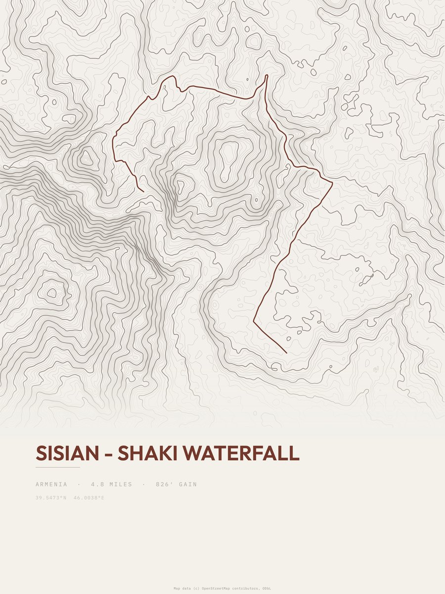 Sisian - Shaki Waterfall topographic trail print
