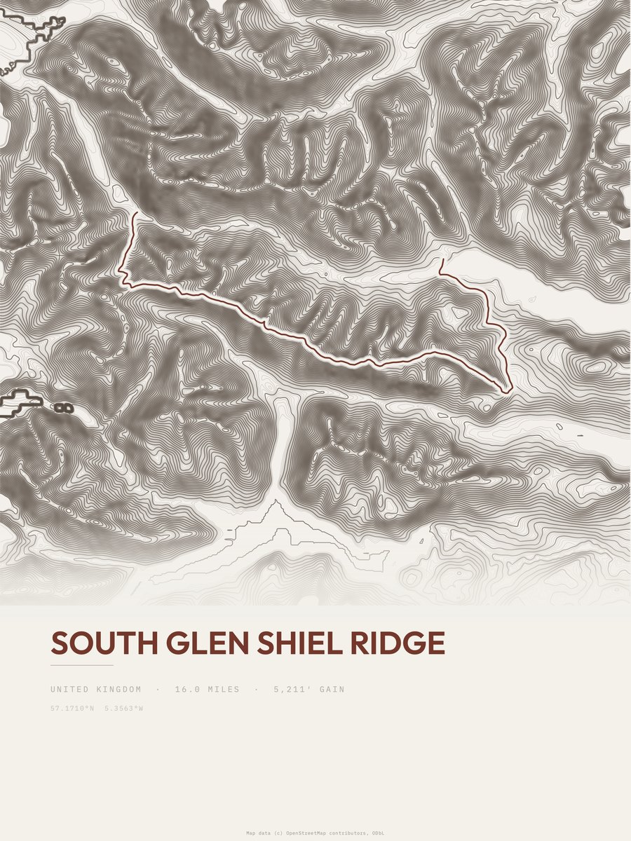 South Glen Shiel Ridge topographic trail print