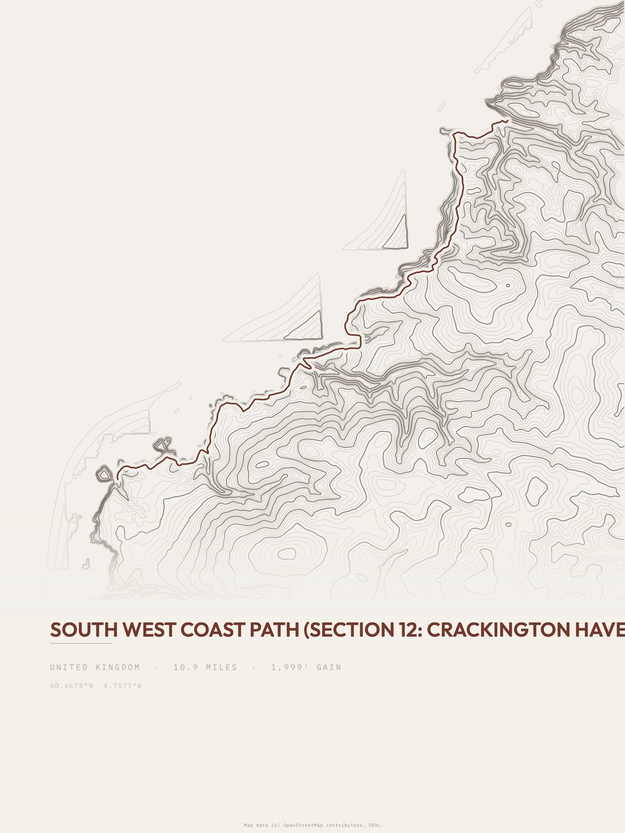 South West Coast Path topographic trail print
