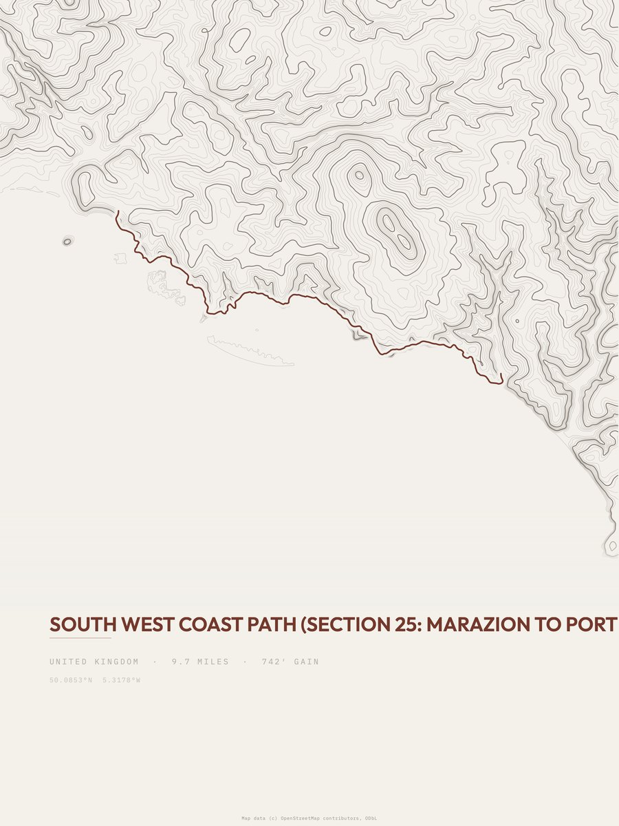 South West Coast Path topographic trail print