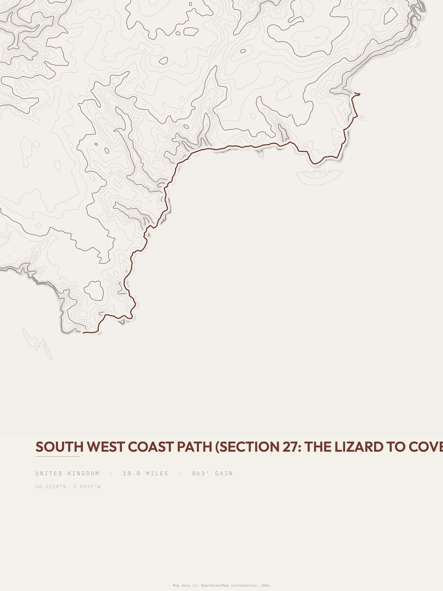 South West Coast Path topographic trail print