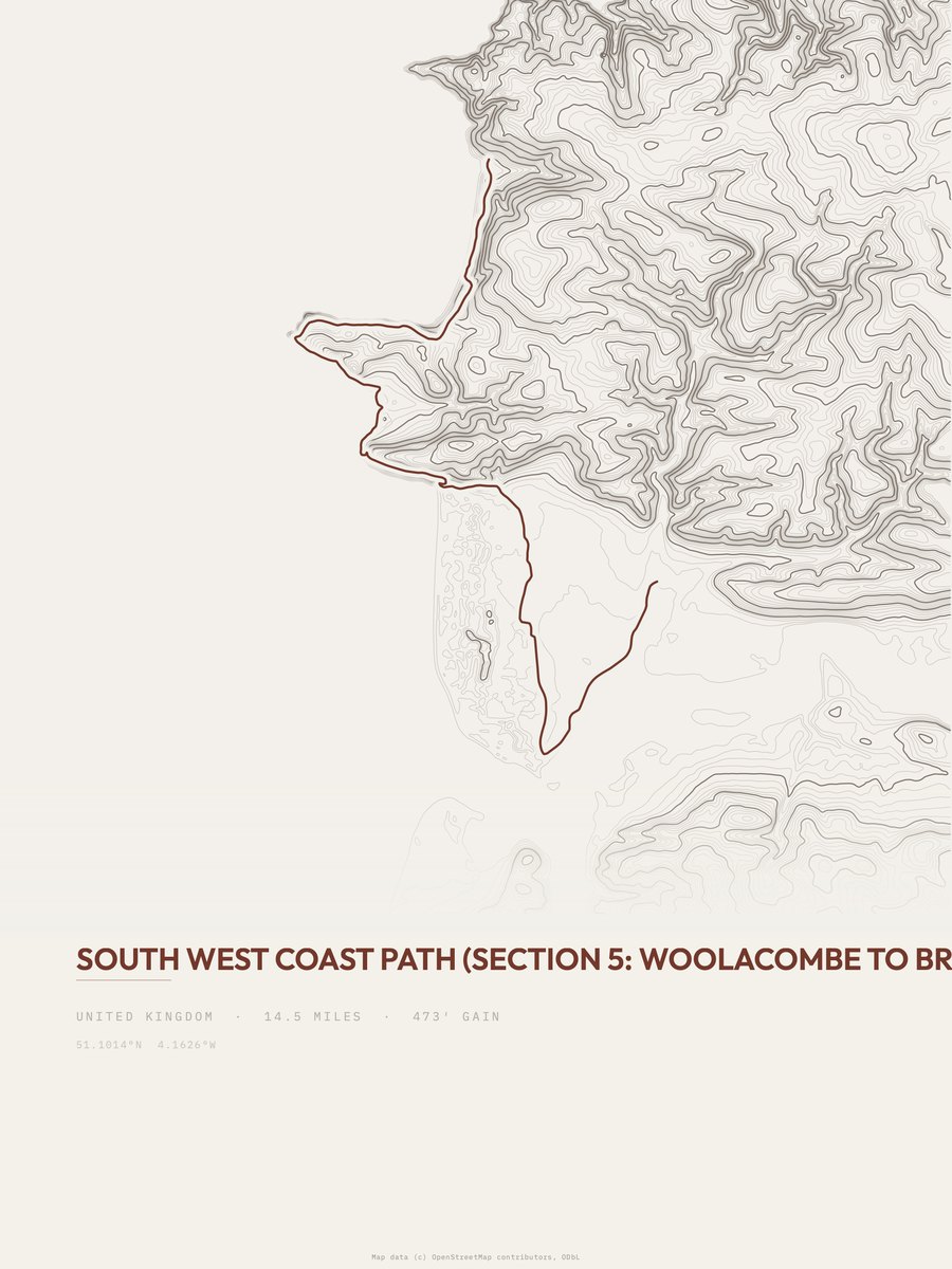 South West Coast Path topographic trail print