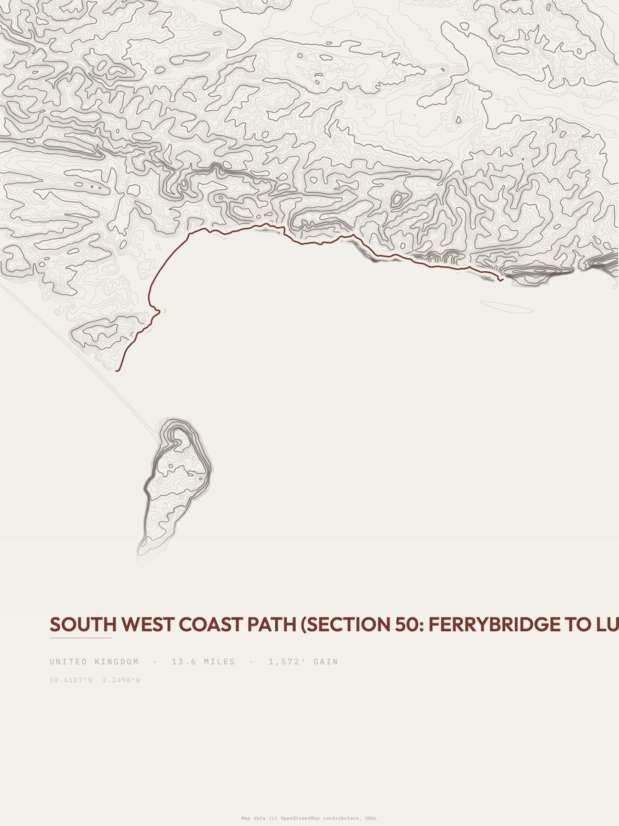 South West Coast Path topographic trail print