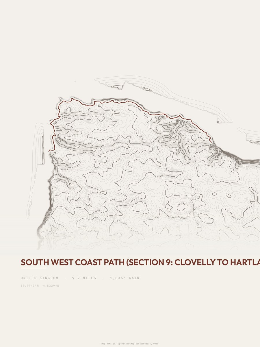 South West Coast Path topographic trail print