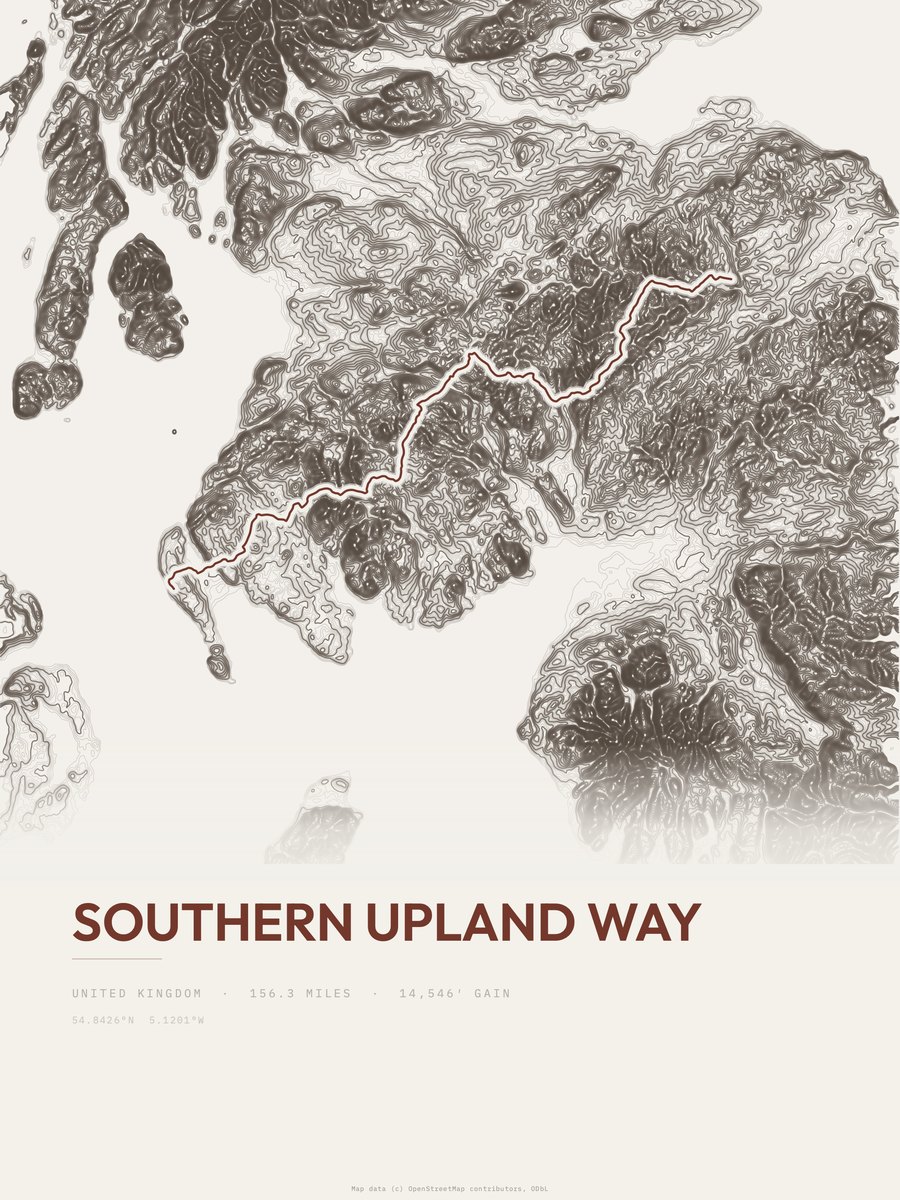 Southern Upland Way topographic trail print