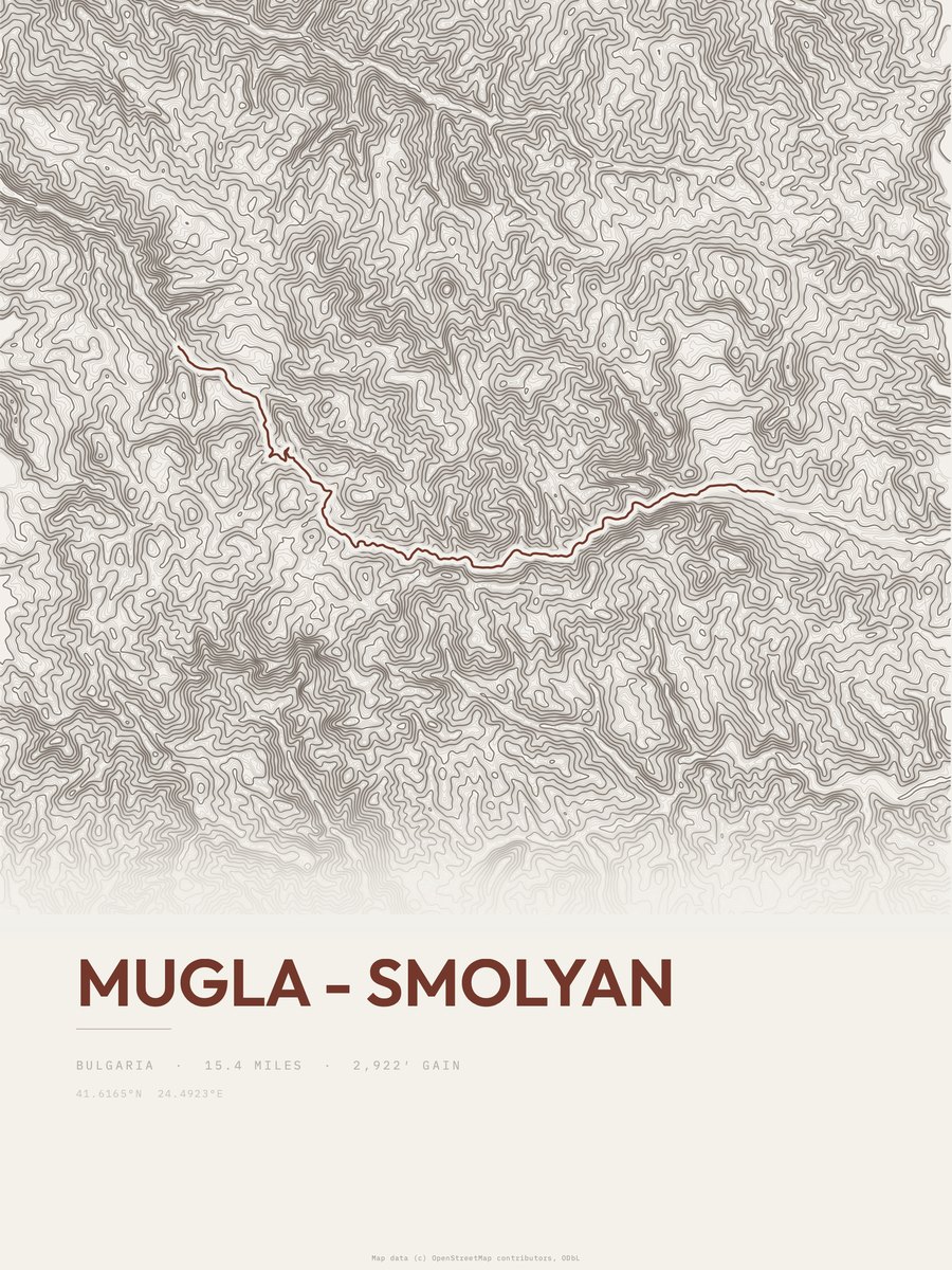 Mugla - Smolyan topographic trail print