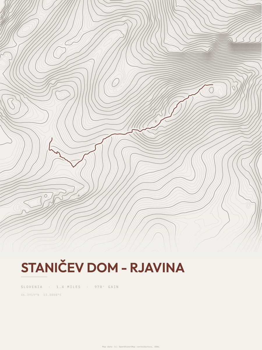 Staničev dom - Rjavina topographic trail print