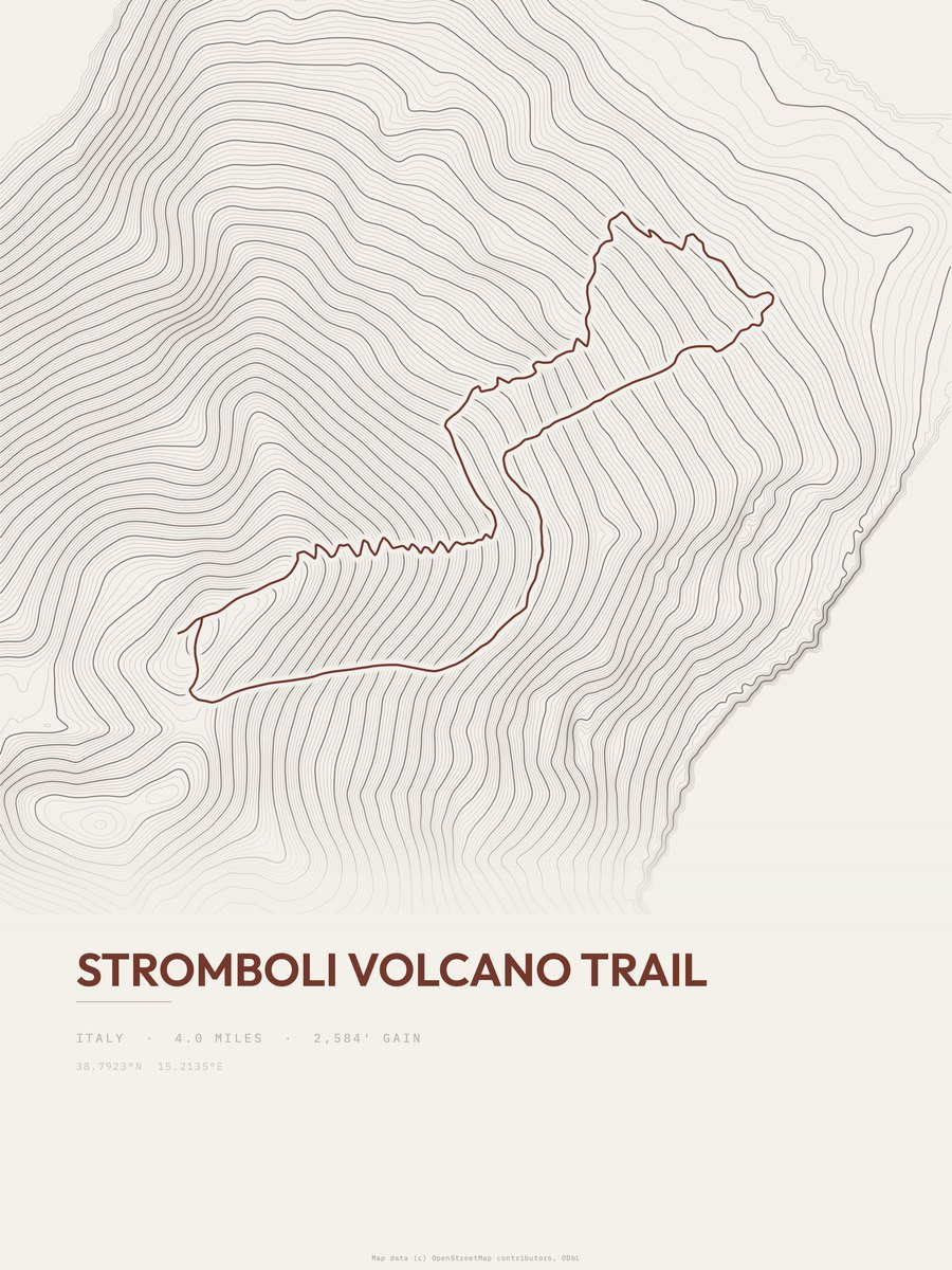 Stromboli Volcano trail topographic trail print