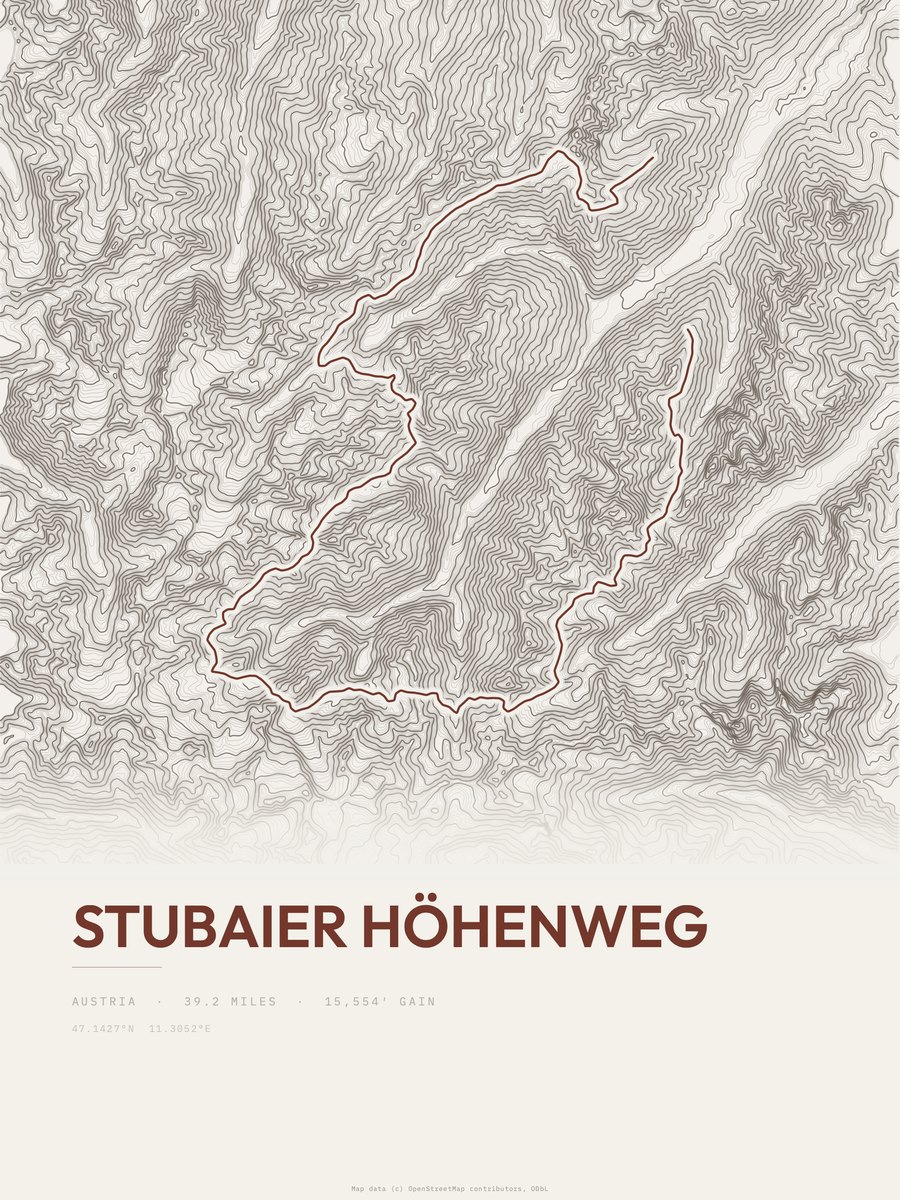 Stubaier Höhenweg topographic trail print