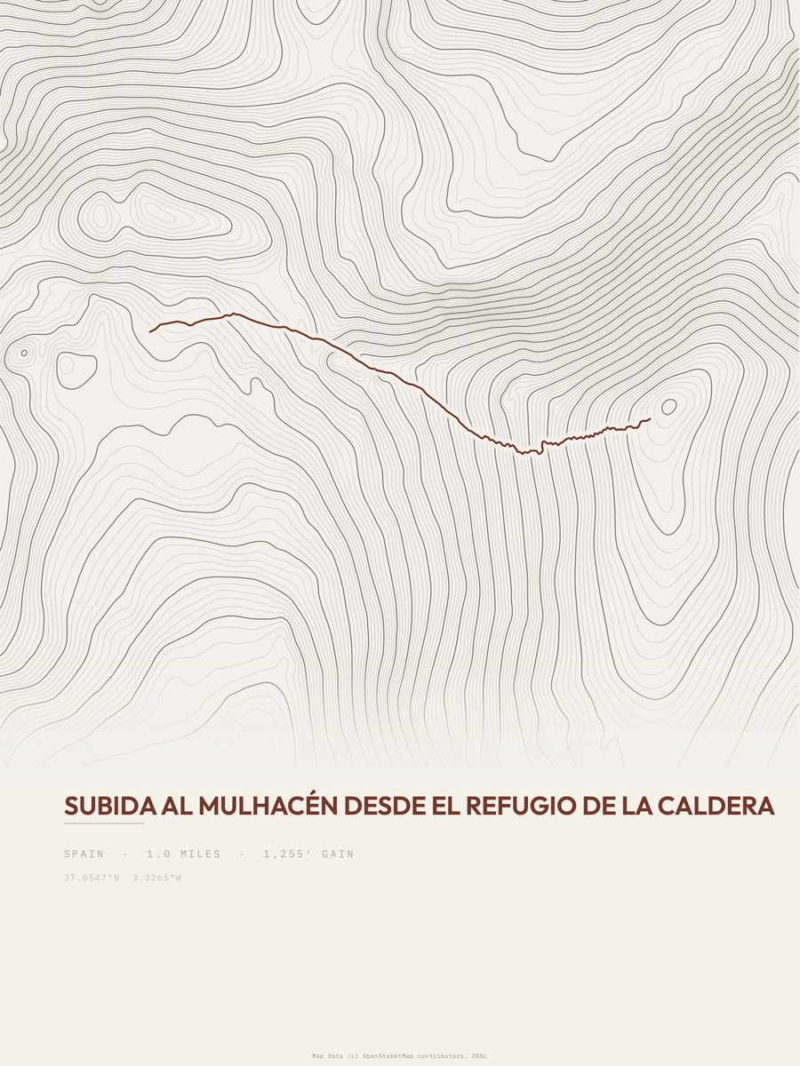 Subida al Mulhacén topographic trail print