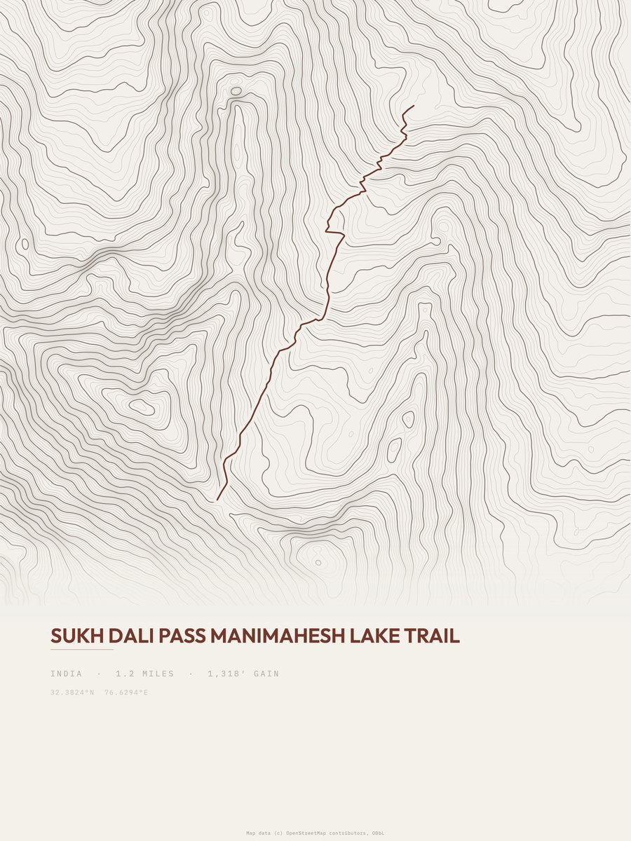 Manimahesh Lake Trail topographic trail print