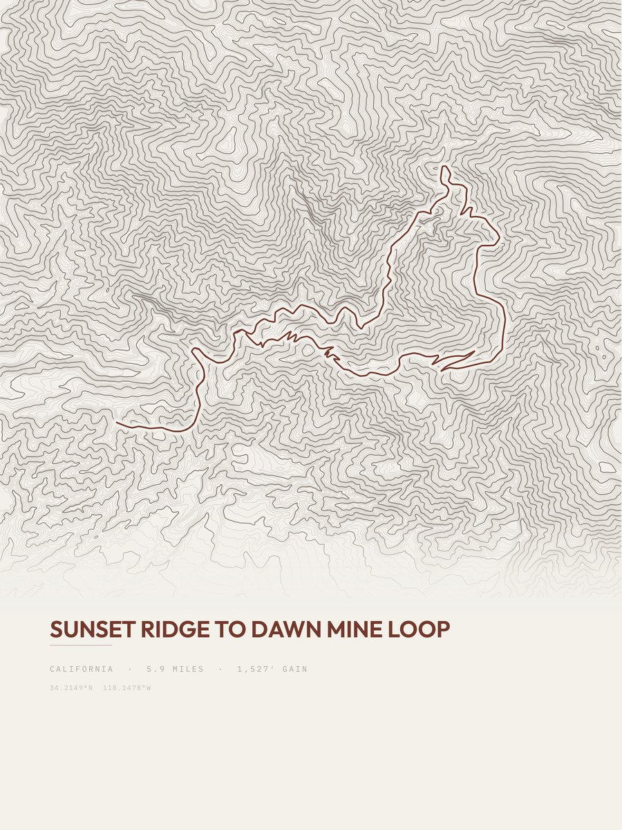 Sunset Ridge to Dawn Mine Loop topographic trail print