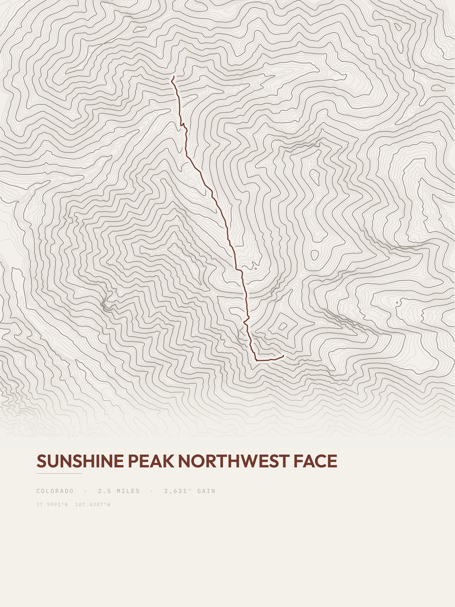 Sunshine Peak Northwest Face topographic trail print