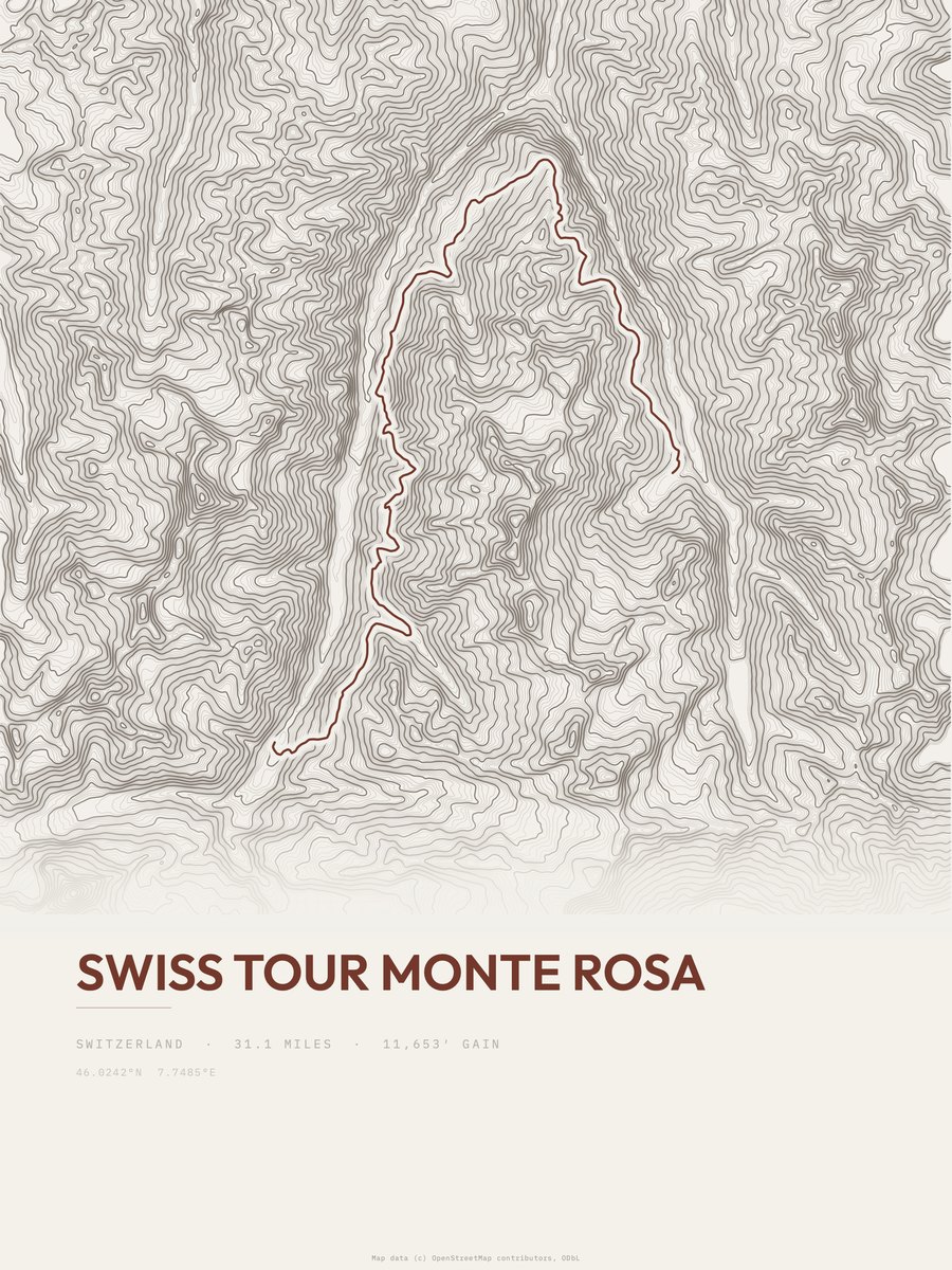 Swiss Tour Monte Rosa topographic trail print