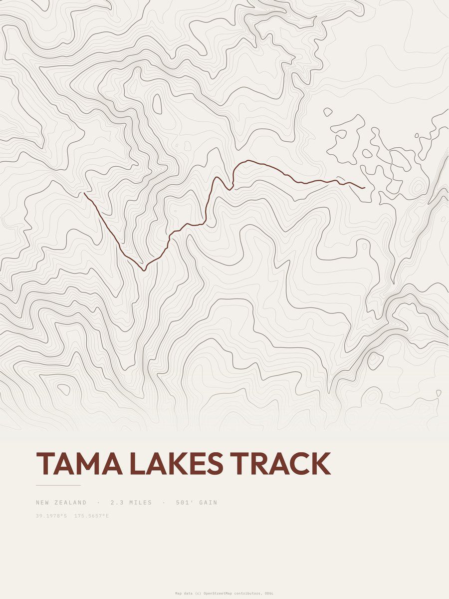 Tama Lakes Track topographic trail print