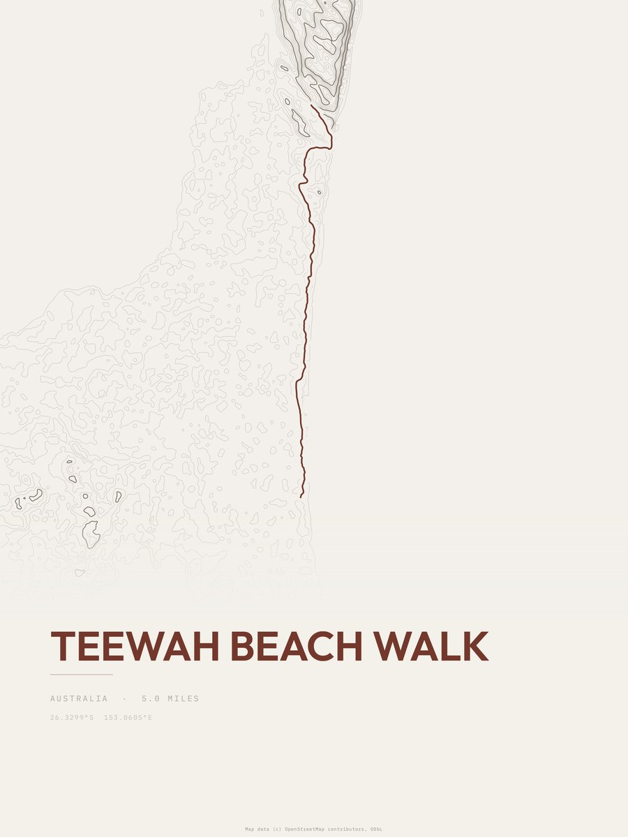 Teewah Beach Walk topographic trail print