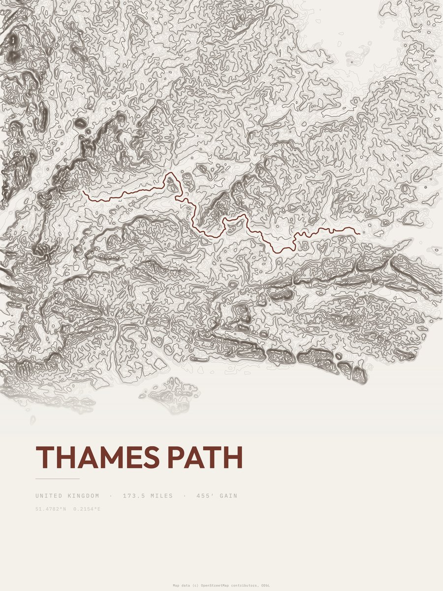 Thames Path topographic trail print