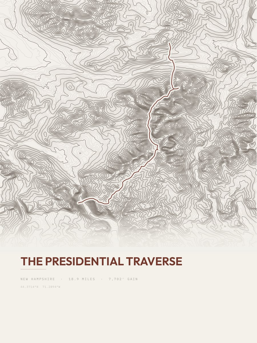 The Presidential Traverse topographic trail print