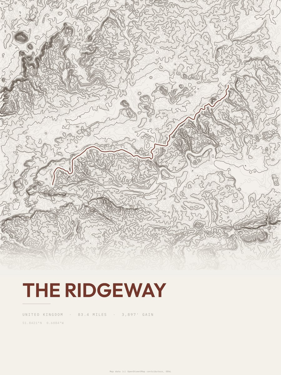 The Ridgeway topographic trail print