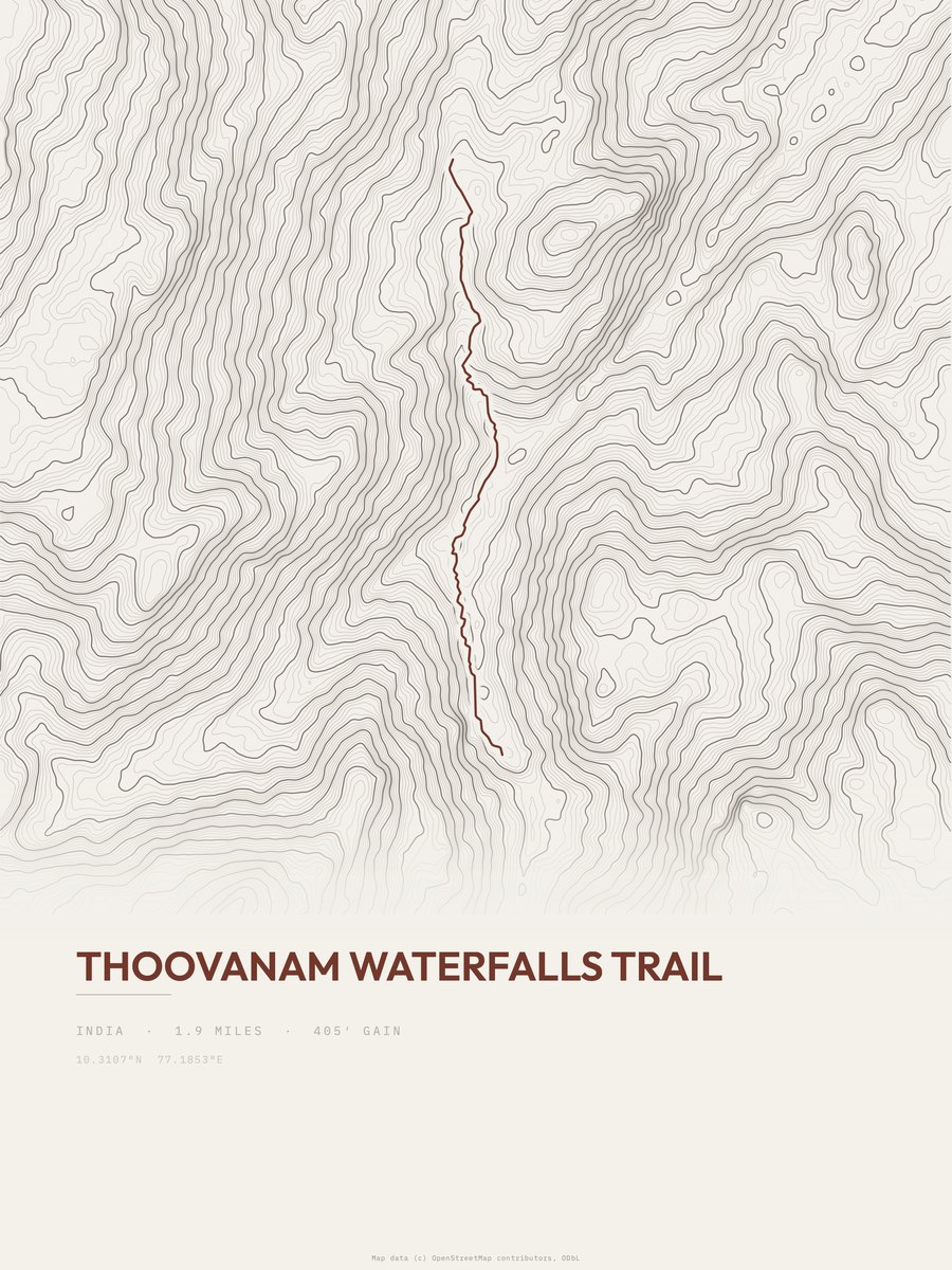 Thoovanam waterfalls trail Topographic print