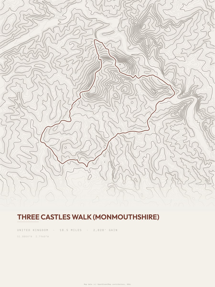 Three Castles Walk topographic trail print