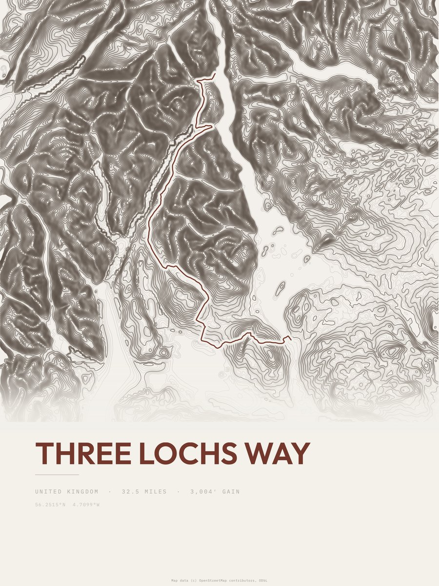 Three Lochs Way topographic trail print