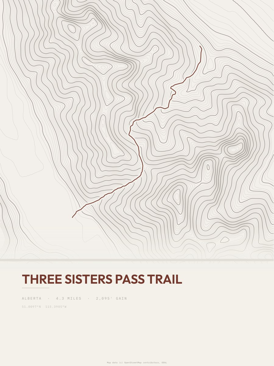 Three Sisters Pass Trail topographic trail print