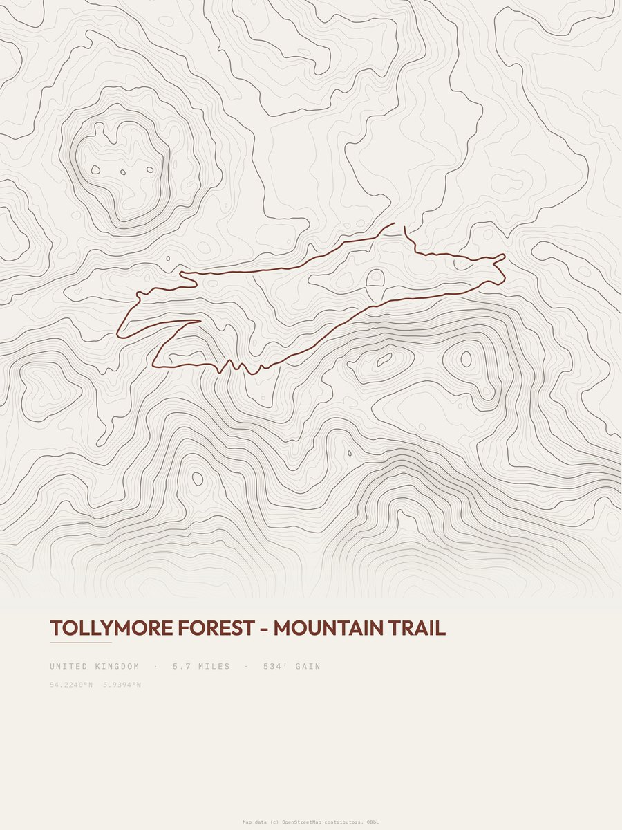 Tollymore Forest Mountain Trail topographic trail print