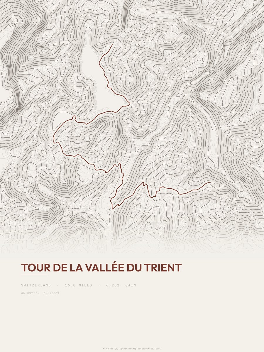 Tour de la Vallée du Trient topographic trail print