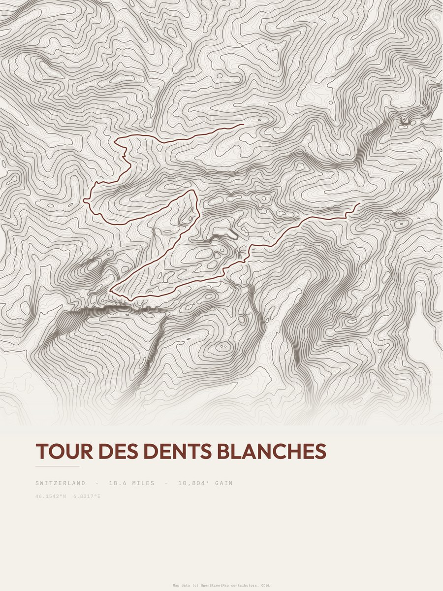 Tour des Dents Blanches topographic trail print
