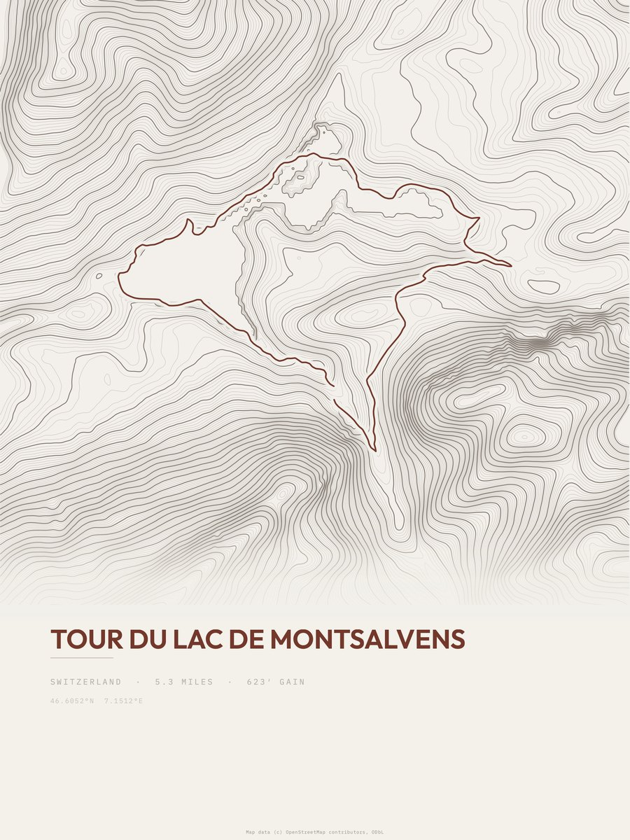 Tour du lac de Montsalvens topographic trail print