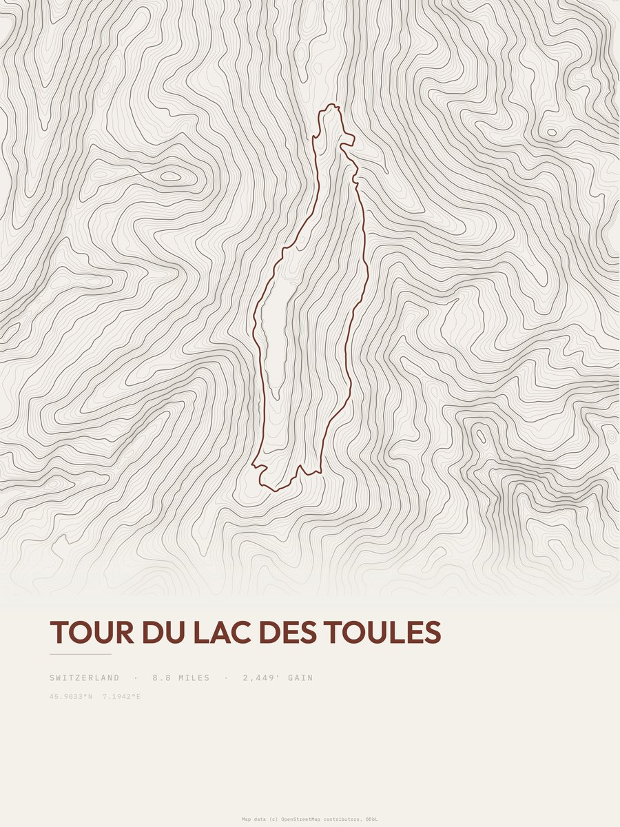Tour du Lac des Toules topographic trail print