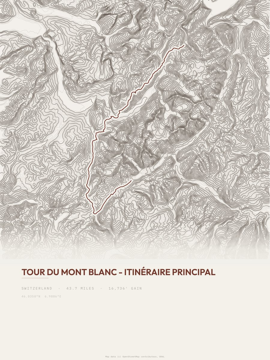 Tour du Mont Blanc topographic trail print