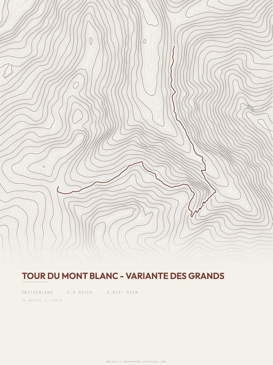 Tour du Mont Blanc topographic trail print