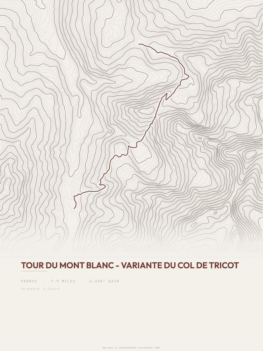 Tour du Mont Blanc topographic trail print