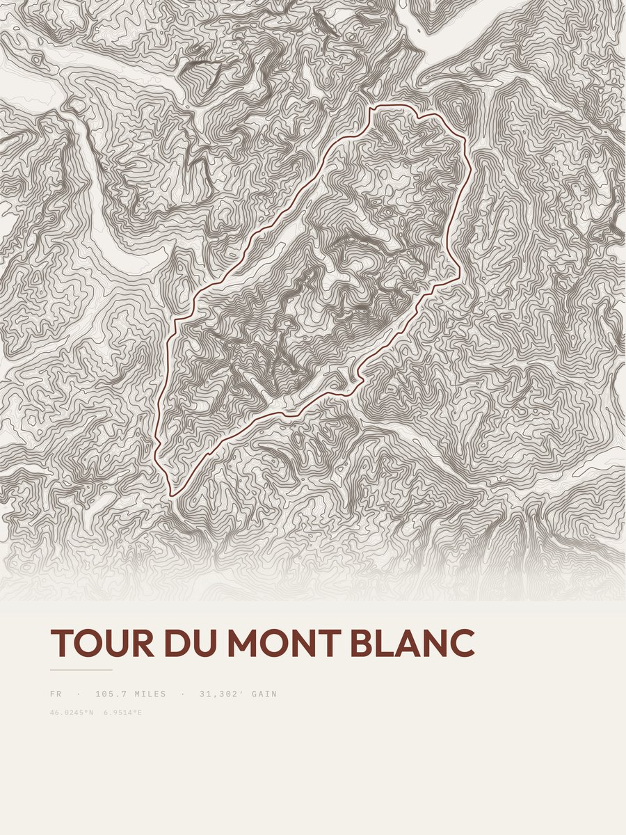 Tour du Mont Blanc topographic trail print