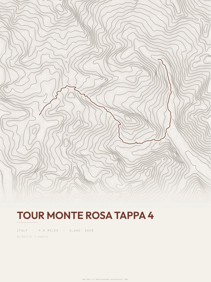 Tour Monte Rosa topographic trail print