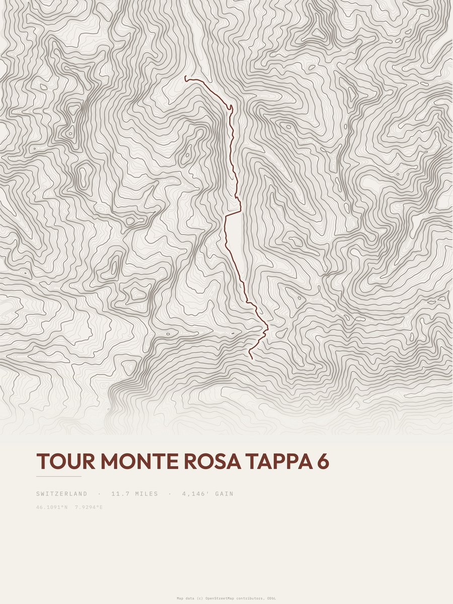 Tour Monte Rosa topographic trail print