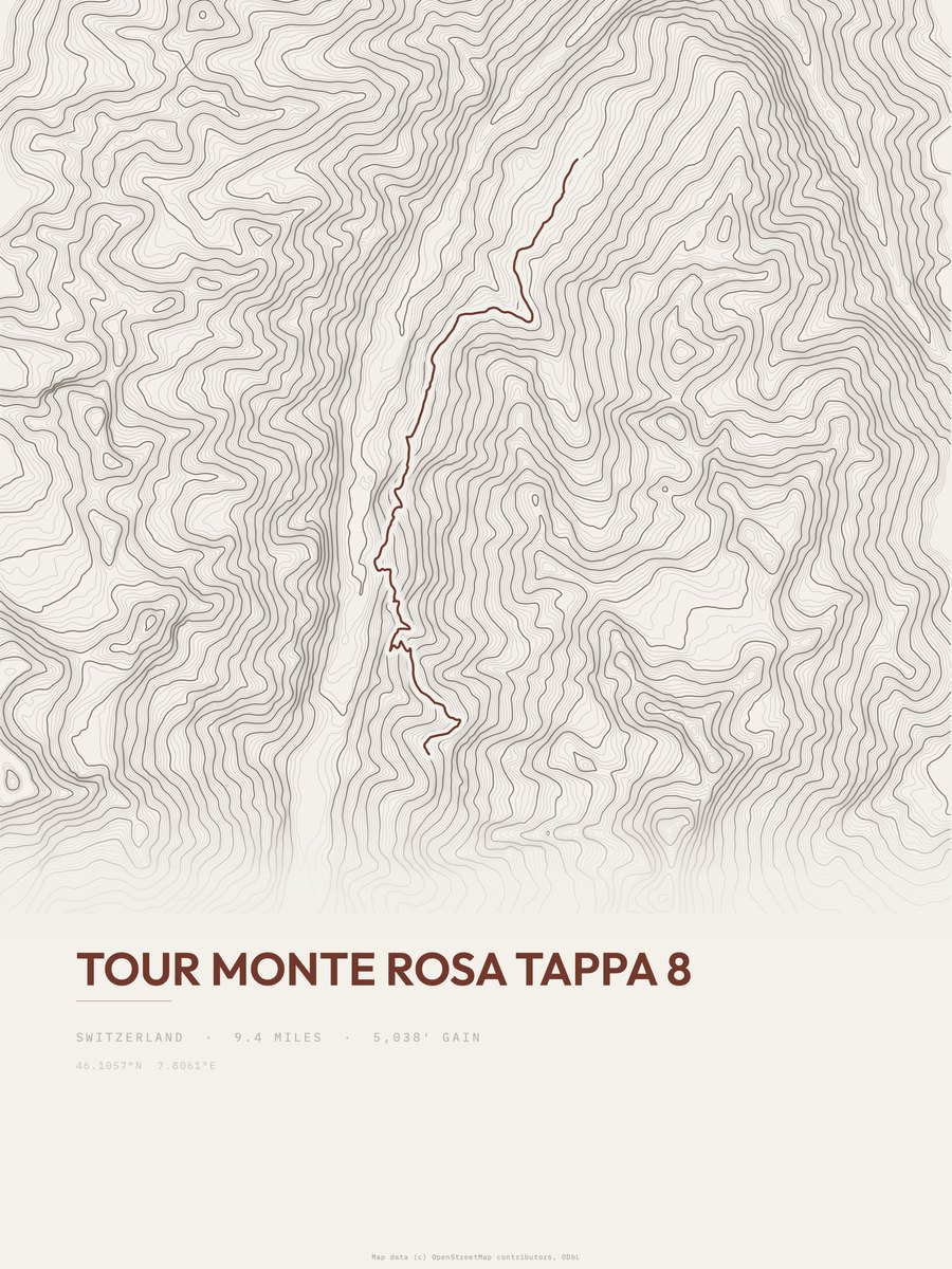 Tour Monte Rosa topographic trail print