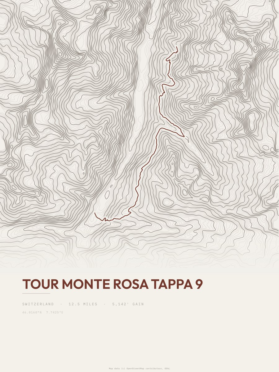 Tour Monte Rosa topographic trail print