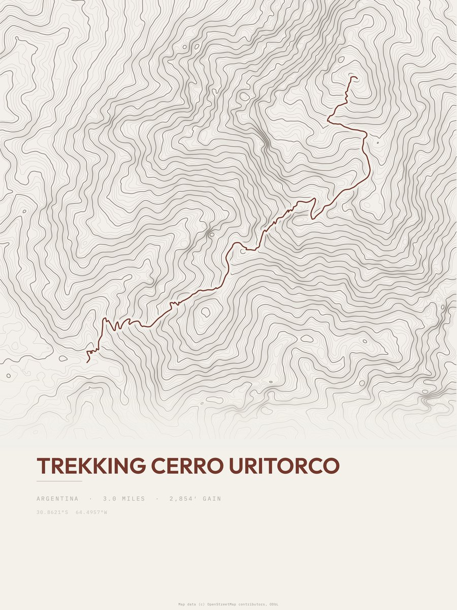 Trekking Cerro Uritorco topographic trail print
