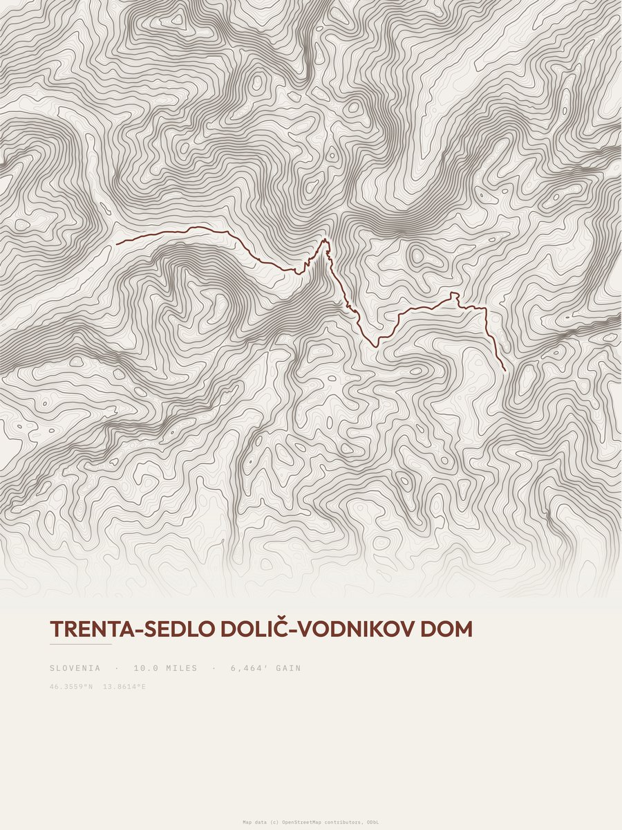 Trenta-Sedlo Dolič-Vodnikov dom topographic trail print