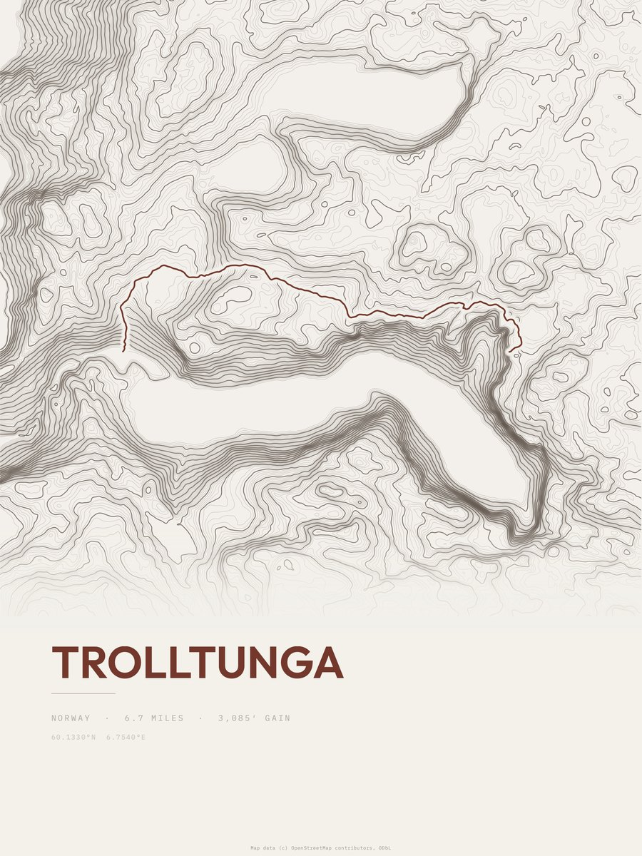 Trolltunga topographic trail print