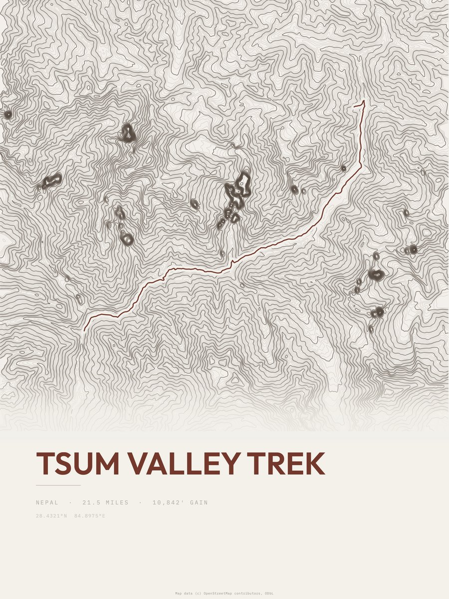 Tsum Valley trek topographic trail print