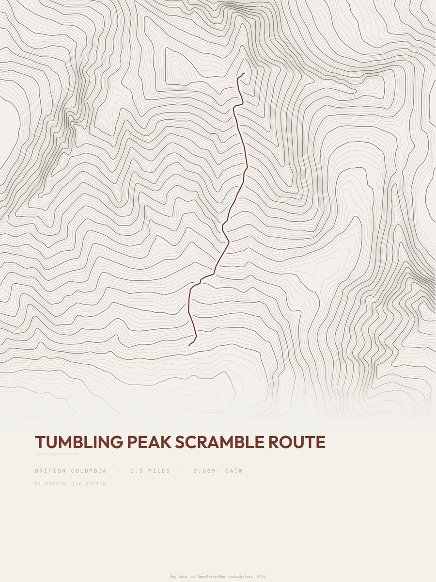 Tumbling Peak Scramble Route topographic trail print
