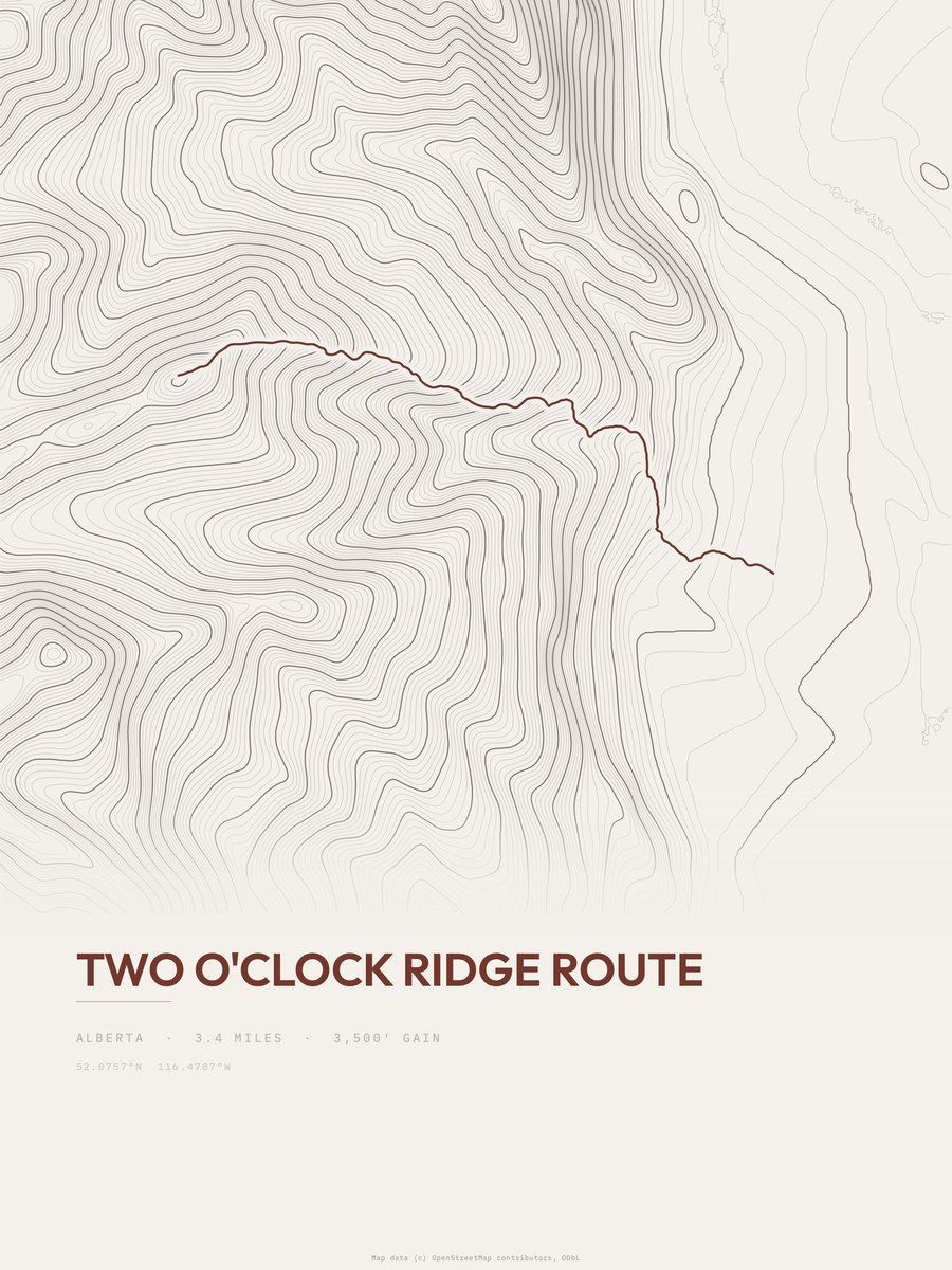 Two O'Clock Ridge route topographic trail print