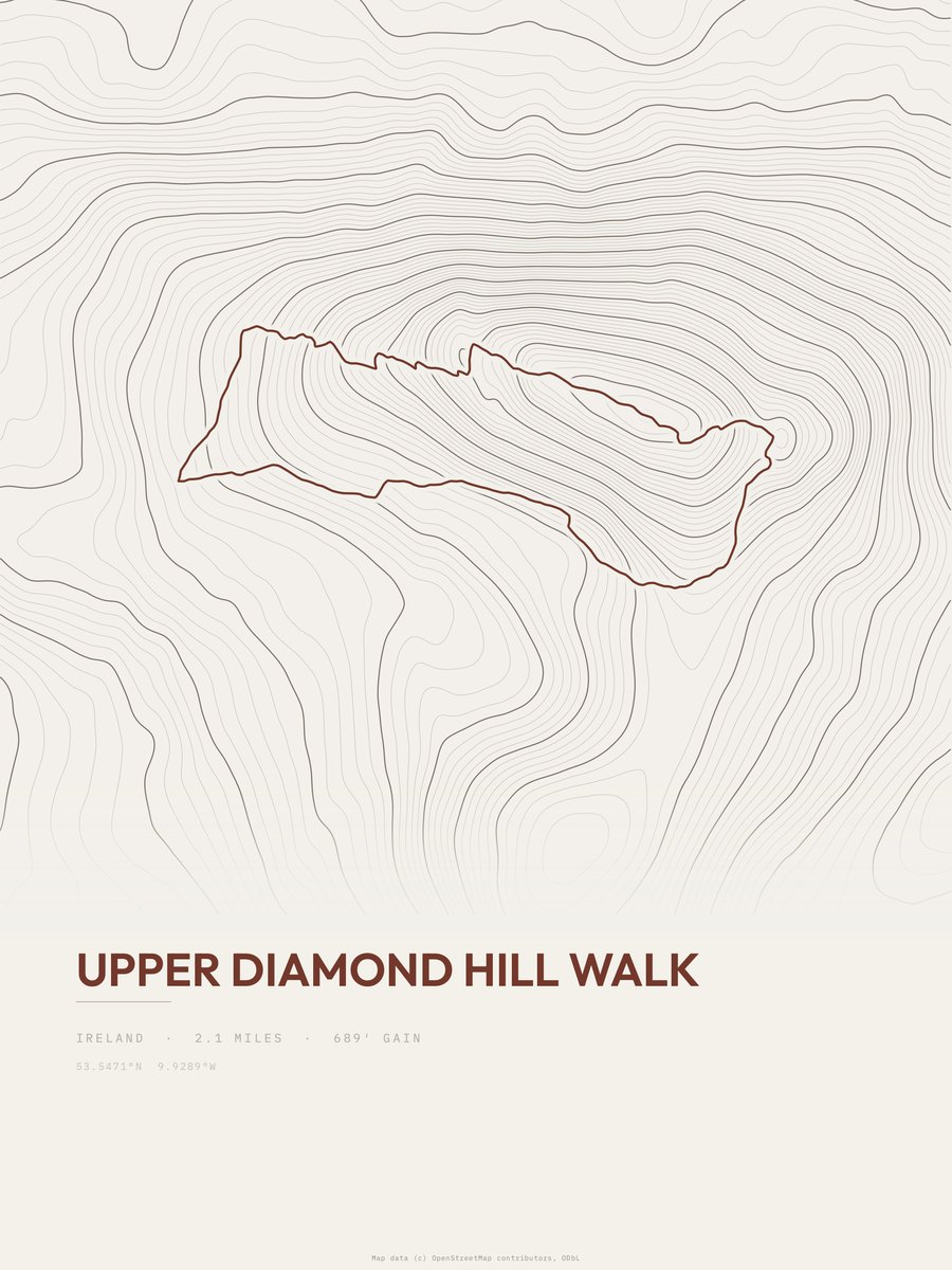 Upper Diamond Hill walk topographic trail print